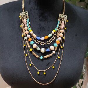 Plunder Multi Resin Layered Bead Gold Tone Boho Statement Necklace and Bracelet
